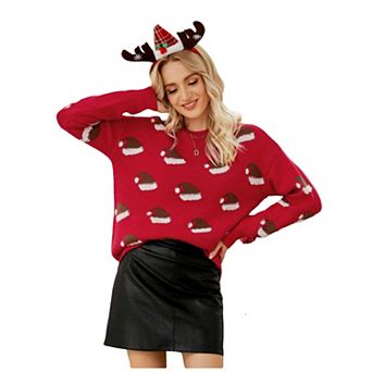 Women Christmas Sweaters Cute Santa Hat Christmas Stockings Sweatshirts Creweck Knit Pullover Tops