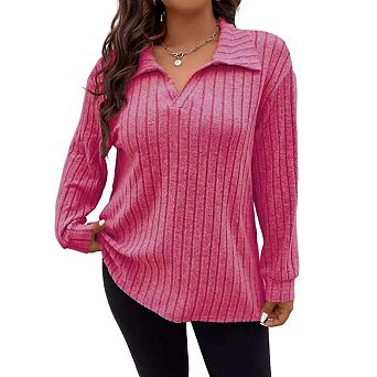 Womens Plus Size V Neck Tops Long Sleeve Shirts Lightweight Knit Sweaters Casual Loose Pullover