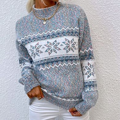 Women Ugly Christmas Sweater Snowflake Patterns Crew Neck Holiday Knitwear