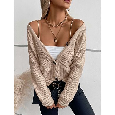 Women's Cable Knit Open Front Button Down Cardigan Sweater Long Sleeve Chunky Fall Sweater Outwear