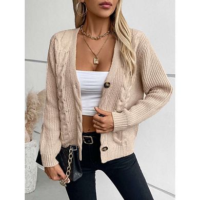 Women's Cable Knit Open Front Button Down Cardigan Sweater Long Sleeve Chunky Fall Sweater Outwear