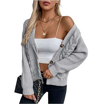 Women's Cable Knit Open Front Button Down Cardigan Sweater Long Sleeve Chunky Fall Sweater Outwear