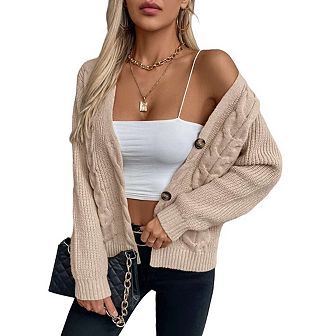 Women's Cable Knit Open Front Button Down Cardigan Sweater Long Sleeve Chunky Fall Sweater Outwear