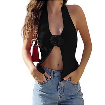 Women 3D Flower Halter Neck Crop Tank Top Backless Sleeveless Slit Front Knitted Crop Top