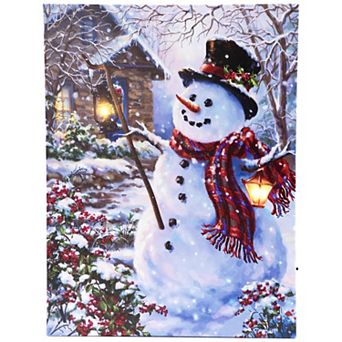 Northlight 15.75-Inch LED Lighted Snowman with Lantern Canvas Wall Art