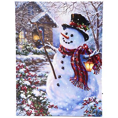 Northlight 15.75-Inch LED Lighted Snowman with Lantern Canvas Wall Art