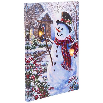 Northlight 15.75-Inch LED Lighted Snowman with Lantern Canvas Wall Art