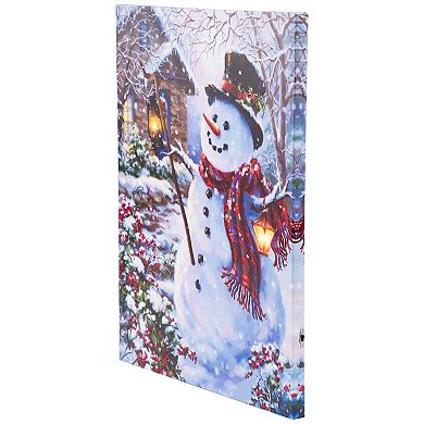 Northlight 15.75-Inch LED Lighted Snowman with Lantern Canvas Wall Art