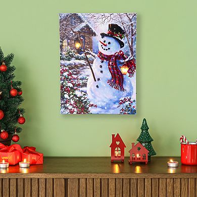 Northlight 15.75-Inch LED Lighted Snowman with Lantern Canvas Wall Art