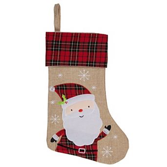 Northlight Burlap Plaid Whimsical Santa Waiving Christmas Stocking