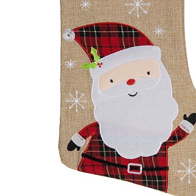 Northlight Burlap Plaid Whimsical Santa Waiving Christmas Stocking