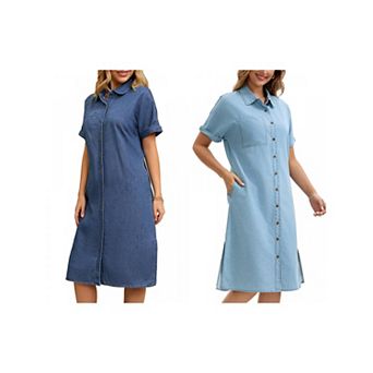 2 Packs Women's Denim Dress Summer Short Sleeve Button Down Casual Midi Jean Shirt Dress