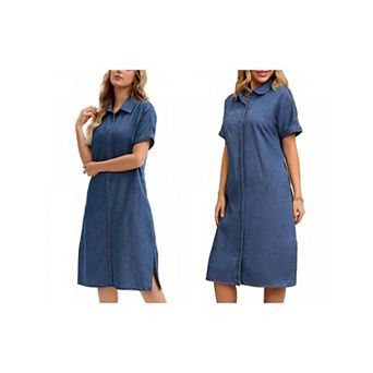 2 Packs Women's Denim Dress Summer Short Sleeve Button Down Casual Midi Jean Shirt Dress