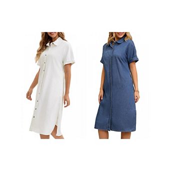 2 Packs Women's Denim Dress Summer Short Sleeve Button Down Casual Midi Jean Shirt Dress