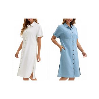 2 Packs Women's Denim Dress Summer Short Sleeve Button Down Casual Midi Jean Shirt Dress