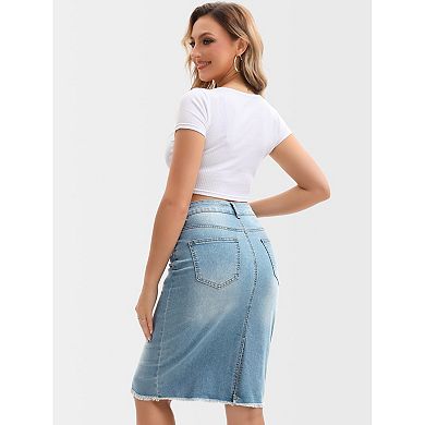 2 Packs Women's Denim Skirt Raw Hem High Waisted Pockets Stretch Knee Length Jean Skirts