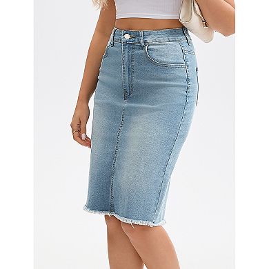2 Packs Women's Denim Skirt Raw Hem High Waisted Pockets Stretch Knee Length Jean Skirts