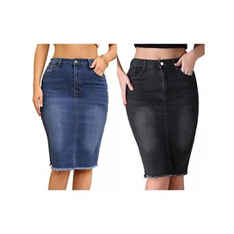 2 Packs Women's Denim Skirt Raw Hem High Waisted Pockets Stretch Knee Length Jean Skirts