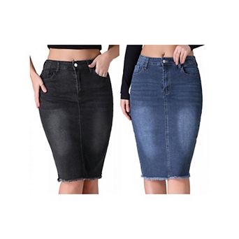 2 Packs Women's Denim Skirt Raw Hem High Waisted Pockets Stretch Knee Length Jean Skirts