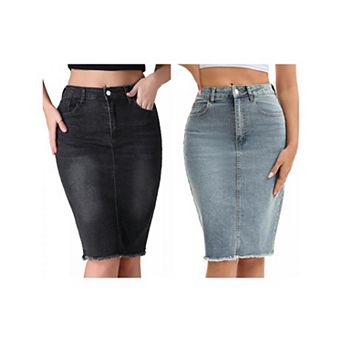 2 Packs Women's Denim Skirt Raw Hem High Waisted Pockets Stretch Knee Length Jean Skirts