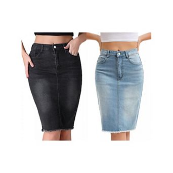 2 Packs Women's Denim Skirt Raw Hem High Waisted Pockets Stretch Knee Length Jean Skirts