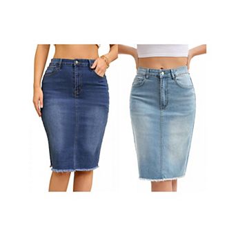 2 Packs Women's Denim Skirt Raw Hem High Waisted Pockets Stretch Knee Length Jean Skirts