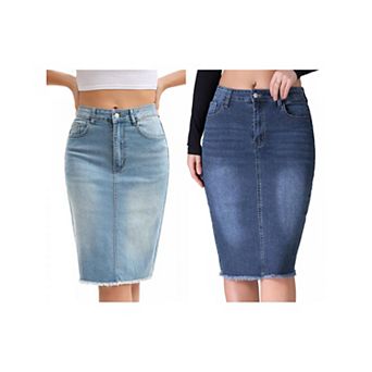 2 Packs Women's Denim Skirt Raw Hem High Waisted Pockets Stretch Knee Length Jean Skirts