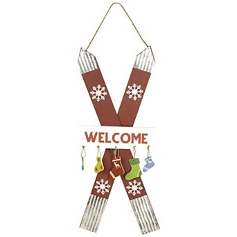 Northlight 23.5 Inch Wooden Welcome Skis with Christmas Stockings Hanging Decoration
