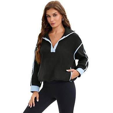 Womens Fleece Pullover Half Zip Cropped Sweatshirt Oversized Jacket with Pockets Warm Fuzzy Sweater