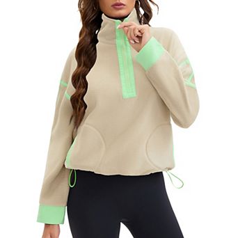Womens Fleece Pullover Half Zip Cropped Sweatshirt Oversized Jacket with Pockets Warm Fuzzy Sweater