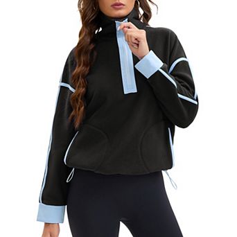 Womens Fleece Pullover Half Zip Cropped Sweatshirt Oversized Jacket with Pockets Warm Fuzzy Sweater