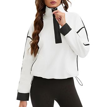 Womens Fleece Pullover Half Zip Cropped Sweatshirt Oversized Jacket with Pockets Warm Fuzzy Sweater