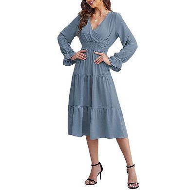 Women's Wrap V Neck Midi Dress Long Sleeve Smocked Waist Tiered A Line Pleated Flowy Long Dress