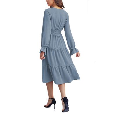 Women's Wrap V Neck Midi Dress Long Sleeve Smocked Waist Tiered A Line Pleated Flowy Long Dress