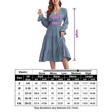 Women's Wrap V Neck Midi Dress Long Sleeve Smocked Waist Tiered A Line Pleated Flowy Long Dress