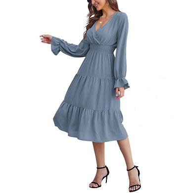 Women's Wrap V Neck Midi Dress Long Sleeve Smocked Waist Tiered A Line Pleated Flowy Long Dress