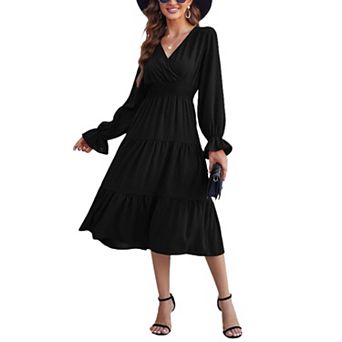 Women's Wrap V Neck Midi Dress Long Sleeve Smocked Waist Tiered A Line Pleated Flowy Long Dress