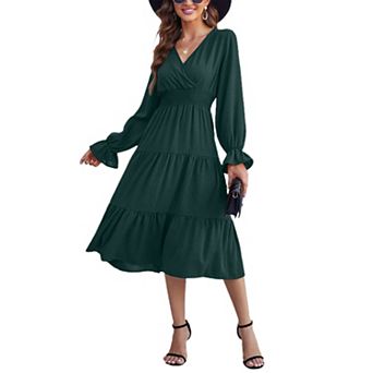 Women's Wrap V Neck Midi Dress Long Sleeve Smocked Waist Tiered A Line Pleated Flowy Long Dress