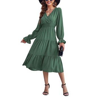 Women's Wrap V Neck Midi Dress Long Sleeve Smocked Waist Tiered A Line Pleated Flowy Long Dress