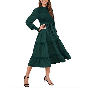 Women's Ruffle Mock Neck Long Sleeve Smocked Midi Dress Casual Elastic Waist Tiered Long Dress