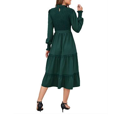 Women's Ruffle Mock Neck Long Sleeve Smocked Midi Dress Casual Elastic Waist Tiered Long Dress