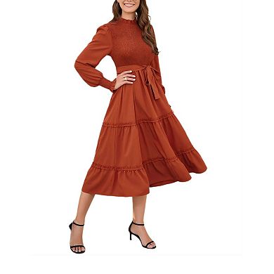 Women's Ruffle Mock Neck Long Sleeve Smocked Midi Dress Casual Elastic Waist Tiered Long Dress