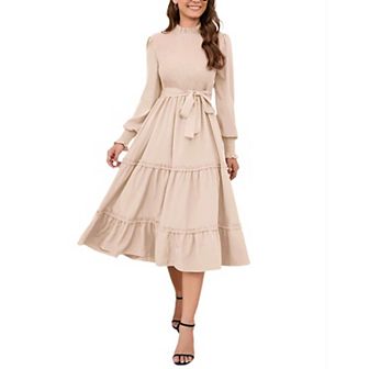 Women's Ruffle Mock Neck Long Sleeve Smocked Midi Dress Casual Elastic Waist Tiered Long Dress