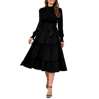 Women's Ruffle Mock Neck Long Sleeve Smocked Midi Dress Casual Elastic Waist Tiered Long Dress