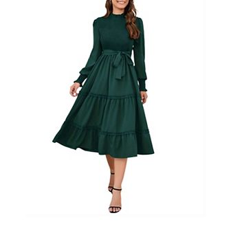 Women's Ruffle Mock Neck Long Sleeve Smocked Midi Dress Casual Elastic Waist Tiered Long Dress
