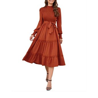 Women's Ruffle Mock Neck Long Sleeve Smocked Midi Dress Casual Elastic Waist Tiered Long Dress