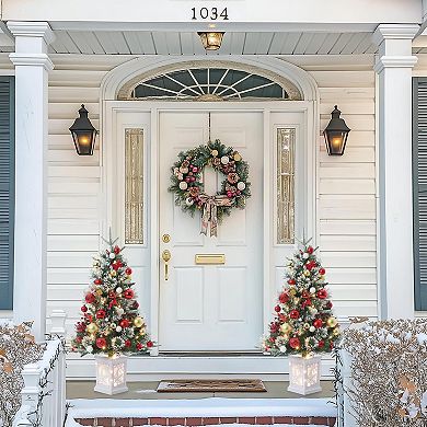 3ft Snow Flocked Christmas Tree - 78 Warm LEDs, Snowflake Pot, Red Berries