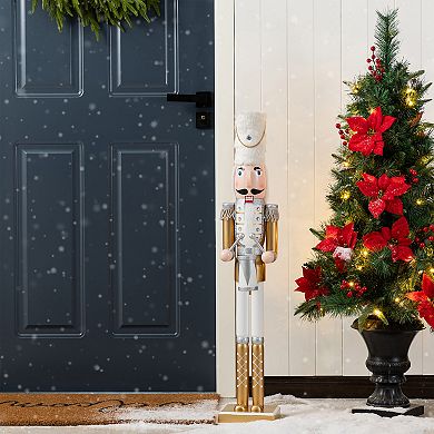 Glitzhome 35.75"H Dressed Soldier Nutcracker Decor, Wooden Christmas Porch Decor, Gold