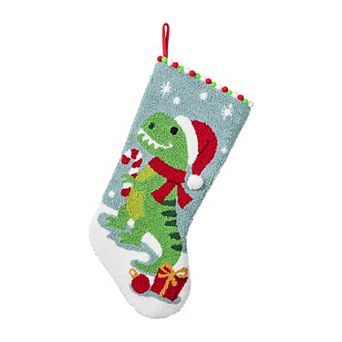 Glitzhome 21"L Hooked Dinosaur Stocking, Christmas Hanging Wall Decor