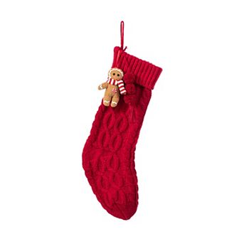 Glitzhome 22"L Red Knitted Christmas Stocking, Hanging Wall Decor with Gingerbread Man Ornament